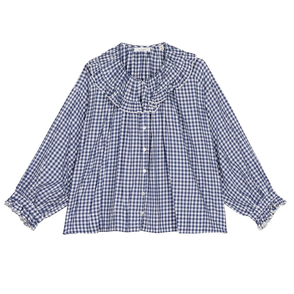 DÔEN Ruffle Collar Gingham Blouse – Blue & White